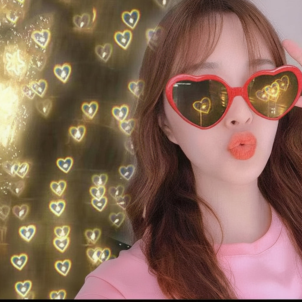 Person wearing heart-shaped sunglasses with a heart-themed background